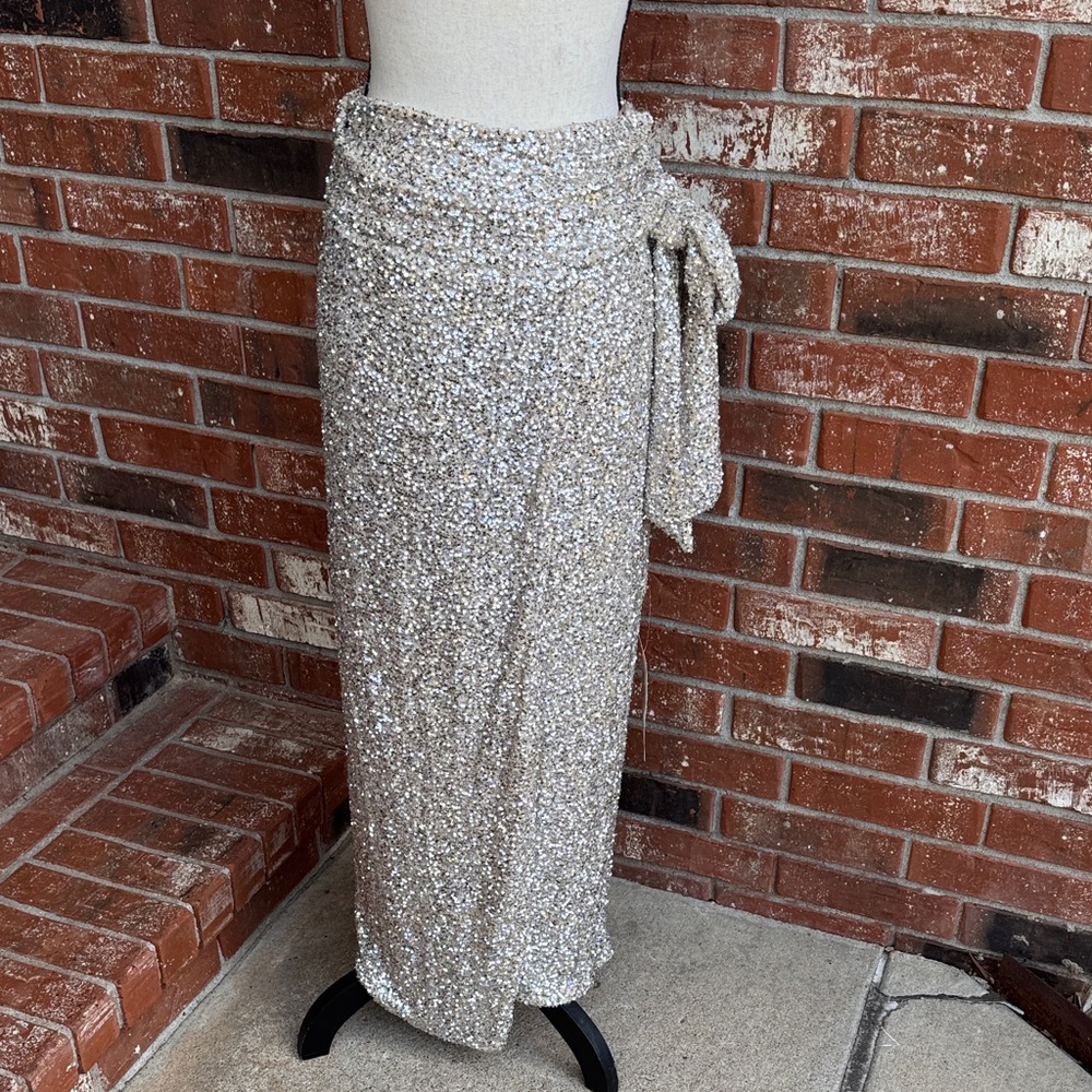 Never Fully Dressed Silver Sequin Jaspre Wrap Maxi Skirt NWT Size 2 US 6 UK